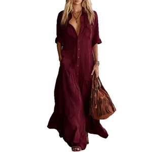 Elegant wine red maxi shirt dress featuring a collared button-down front and side pockets.