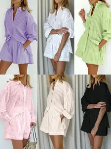 Detailed view of women's casual striped shirt and shorts set in six vibrant colors