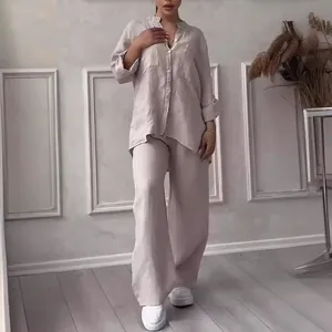 Elegante set casual due pezzi in cotone e lino con camicia e pantaloni a gamba larga