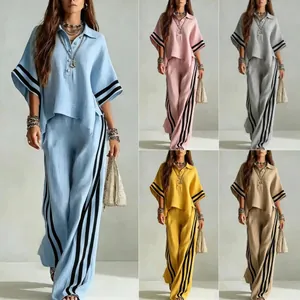 Camisa de Manga Corta para Mujer y Pantalón Largo Top And Bottom Poliéster Patchwork a Rayas Ropa Casual Suelta para Uso Diario