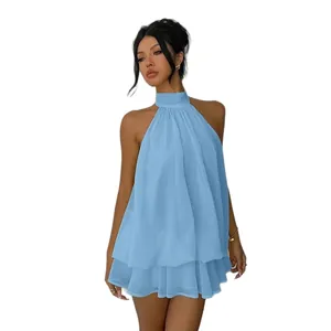 Light blue halter neck sleeveless mini dress with layered chiffon ruffles for vacation