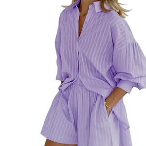 Casual two-piece lavender striped set featuring puff sleeve shirt and matching shorts