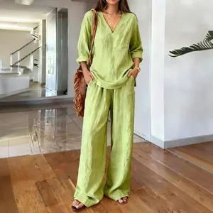 Casual lime green V-neck long-sleeve top and wide-leg pants two-piece set in washed cotton