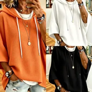 Sudadera con Capucha de Punto de Gofre para Mujer Top Informal Holgado con Cordón Color Sólido Jersey Extragrande Moda de Otoño Mujer Top