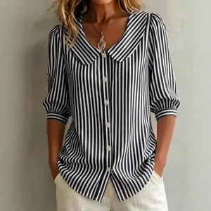 Women Casual Striped Shirt Half Sleeve Loose V-Neck Peter Pan Collar Blouse Summer Commuting Polyester Printed Fashion Top