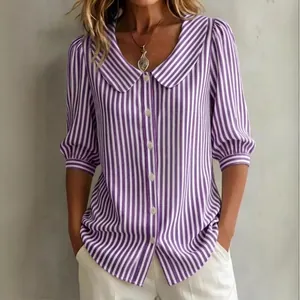 Elegant purple striped women's blouse with Peter Pan collar and puffed mid-sleeves