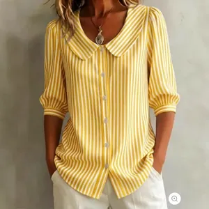 Yellow and white vertical striped shirt with medium sleeves and Peter Pan collar