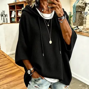 Sudadera con capucha para mujer de punto gofrado negro con cordón ajustable de diseño casual