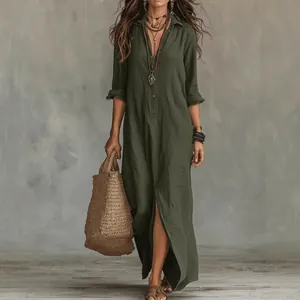 Elegant bohemian olive green long sleeve maxi dress with lapel collar and front slit
