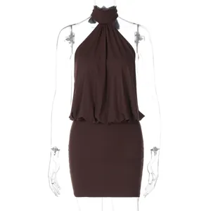 Detailed view of dark brown halter neck backless bodycon mini dress for women