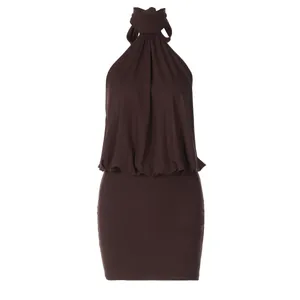 Elegant halter neck bodycon mini dress in chocolate brown with pleated top detail.