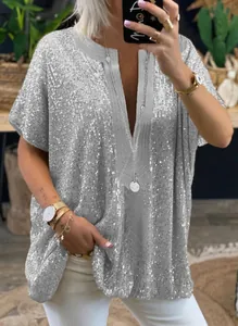 Haut décontracté à paillettes argentées et col en V pour femme
