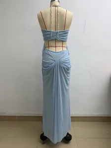 Detailed back view of a light blue sexy mesh halter dress with ruched design details