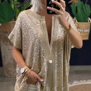 Haut décontracté à paillettes dorées pour femmes avec col en V et manches courtes chic