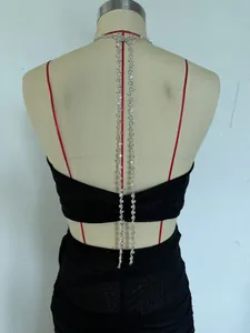 Sexy black sheer mesh halter dress featuring elegant sparkling rhinestone back chains