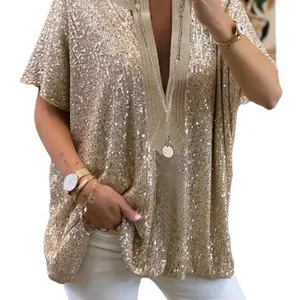 Élégante chemise décontractée pour femmes à paillettes, col en V et manches courtes