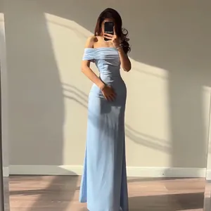 Elegant light blue off-shoulder bodycon evening gown for parties and formal events
