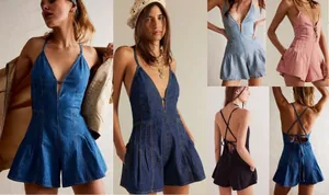 Multiple views of backless V-neck denim romper in blue, pink and black colors