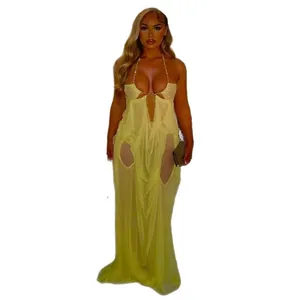 Sexy sheer yellow mesh halter maxi dress with cut-out design for summer resort style