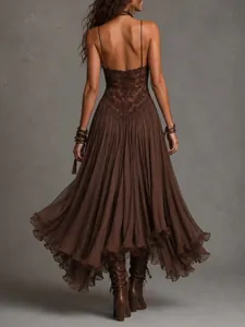 Back view of brown vintage lace patchwork dress with pleated asymmetrical ruffled hemline