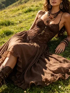 Close-up detail of vintage brown camisole dress with lace patchwork and flowy ruffled skirt