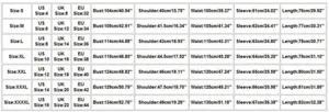 Comprehensive size chart for women's hooded warm cotton jacket with US UK EU sizes