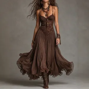 Women's Vintage V-Neck Cami Lace Patchwork Maxi Dress Boho Style Sleeveless High Waist Pleated Flowy Long Dress Dark Brown