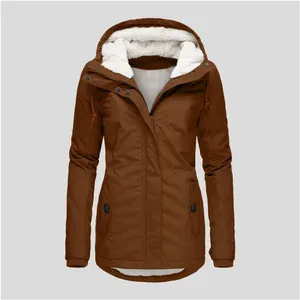 Detailed view of a brown women's hooded winter jacket featuring warm white fleece lining