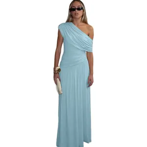 Elegantes himmelblaues One-Shoulder-Maxikleid mit Raffung für Damen Frühjahrsmode