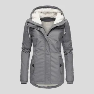 Detailed front view of women's grey hooded winter jacket with warm white fleece lining