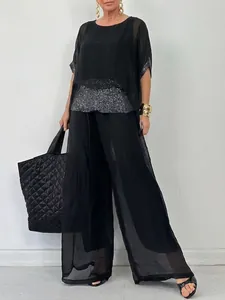 Eleganter schwarzer Chiffon-Zweiteiler für Damen mit Pailletten und weiter Hose