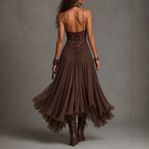 Bohemian vintage brown backless dress with lace patchwork and ruffled pleated skirt