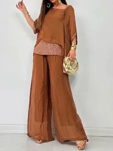 Elegantes sommerliches braunes Chiffon-Set mit Pailletten-Oberteil und weiter Hose für Damen