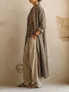 Ensemble 3 pièces bohème pour femme en lin avec cardigan long et pantalon large