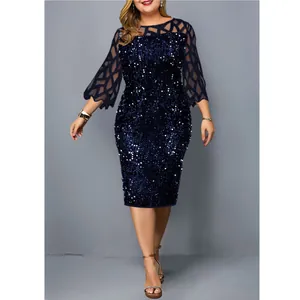 Close-up of navy blue sequined slim fit midi dress with mesh bell sleeves for evening parties.