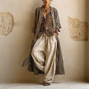 Ensemble 3 Pièces Bohème pour Femmes Chemise Imprimée Vintage Pantalon Large Cardigan Long Décontracté Vacances Top And Bottom