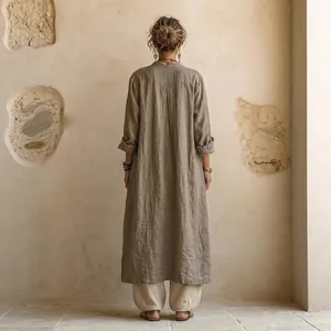 Ensemble 3 pièces minimaliste en lin pour femme avec chemise longue et pantalon large