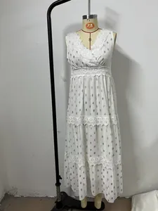 Elegant white sleeveless V-neck chiffon maxi dress with lace trim and silver polka dots