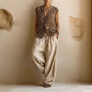 Ensemble deux pièces bohème pour femme avec haut sans manches imprimé et pantalon large