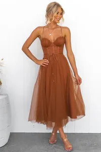 Elegant rust brown tulle midi evening dress with corset bodice and spaghetti straps