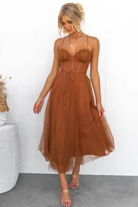 Elegant rust brown mesh evening dress with corset bodice and spaghetti straps detail