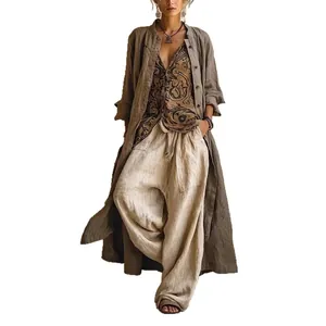 Ensemble 3 pièces bohème pour femme avec chemise imprimée, cardigan et pantalon large