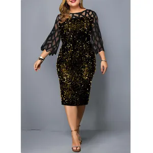 Full view of elegant black and gold sequined midi dress with sheer mesh lantern sleeves.