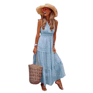 Light blue bohemian deep V neck sleeveless chiffon tiered maxi dress with lace details