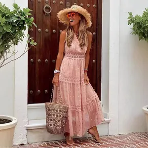 Bohemian pink sleeveless V-neck chiffon dress with lace stitching and layered cake hem
