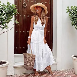 Elegant white sleeveless chiffon maxi dress featuring deep V-neck and delicate lace patchwork