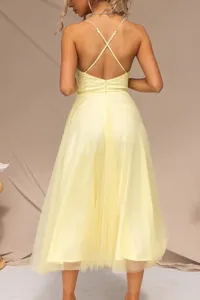 Back view of a sexy yellow mesh evening dress with thin criss-cross straps
