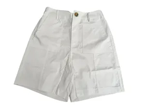 Detailed view of white high-waisted Bermuda suit shorts with large front pockets