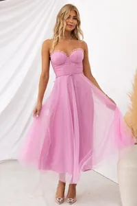 Elegant pink tulle midi evening dress with corset bodice and sweetheart neckline