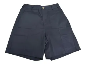 Detailed macro view of dark women's high-waisted suit shorts with large front patch pockets